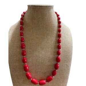 Vintage Red Oval Bead Necklace Silver Spacer Accents Graduated Strand